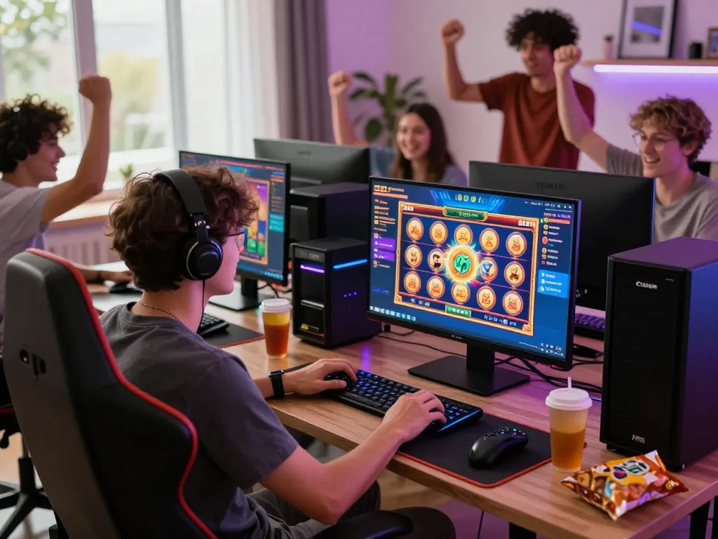 Pengaturan permainan di rumah yang menarik dengan antarmuka link slot gaco yang cerah, gamer fokus pada permainan yang mendebarkan.
