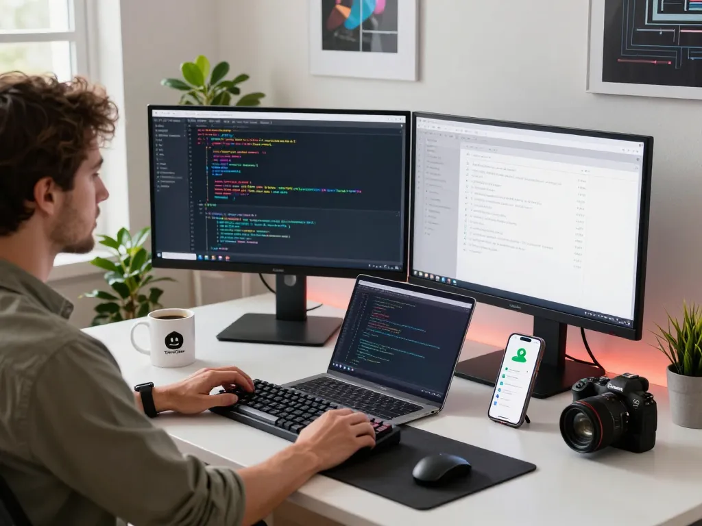 Developer optimizing OpenClaw AI assistant in a modern home office with dual monitors and stylish decor.