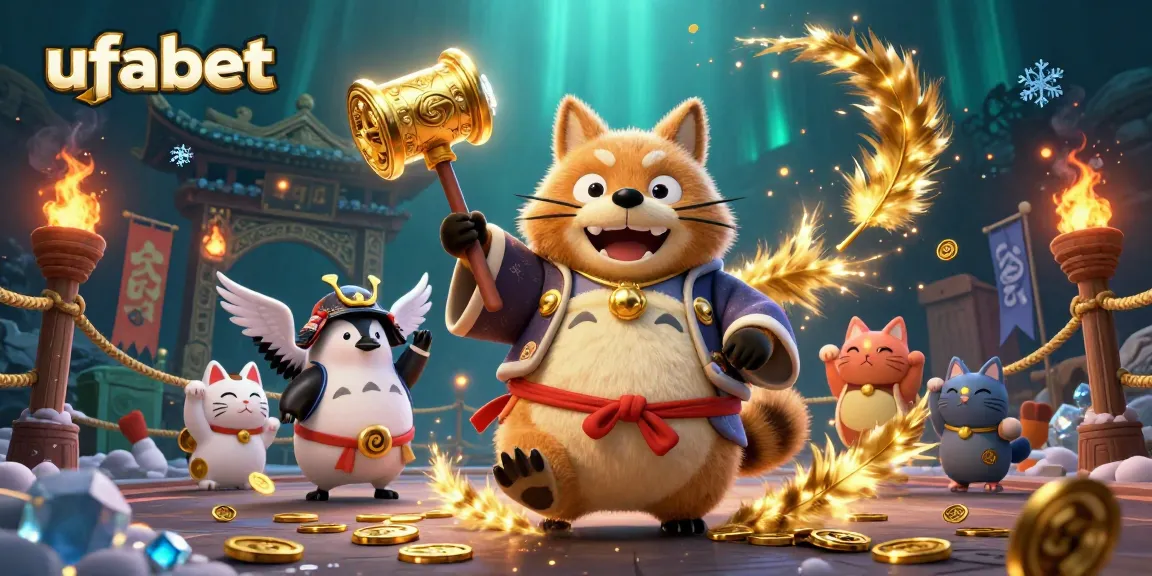 Bet and play on ufabet with joyful tanuki holding a lucky mallet, surrounded by fortune cats and exciting casino elements.