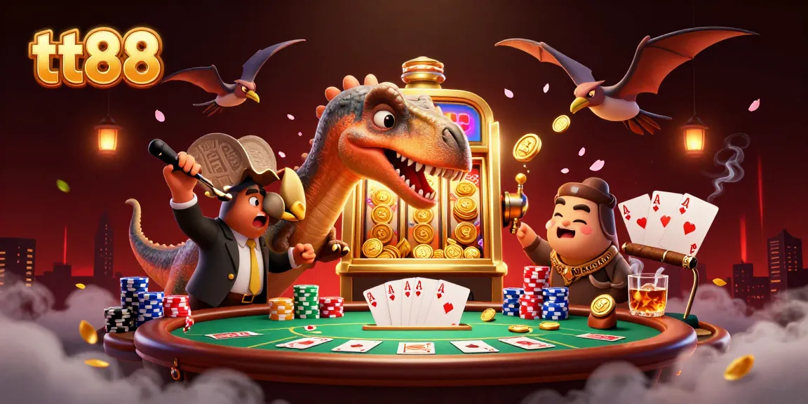 tt88 offers an exciting scene with a dinosaur headbutting a jackpot slot while coins rain down.