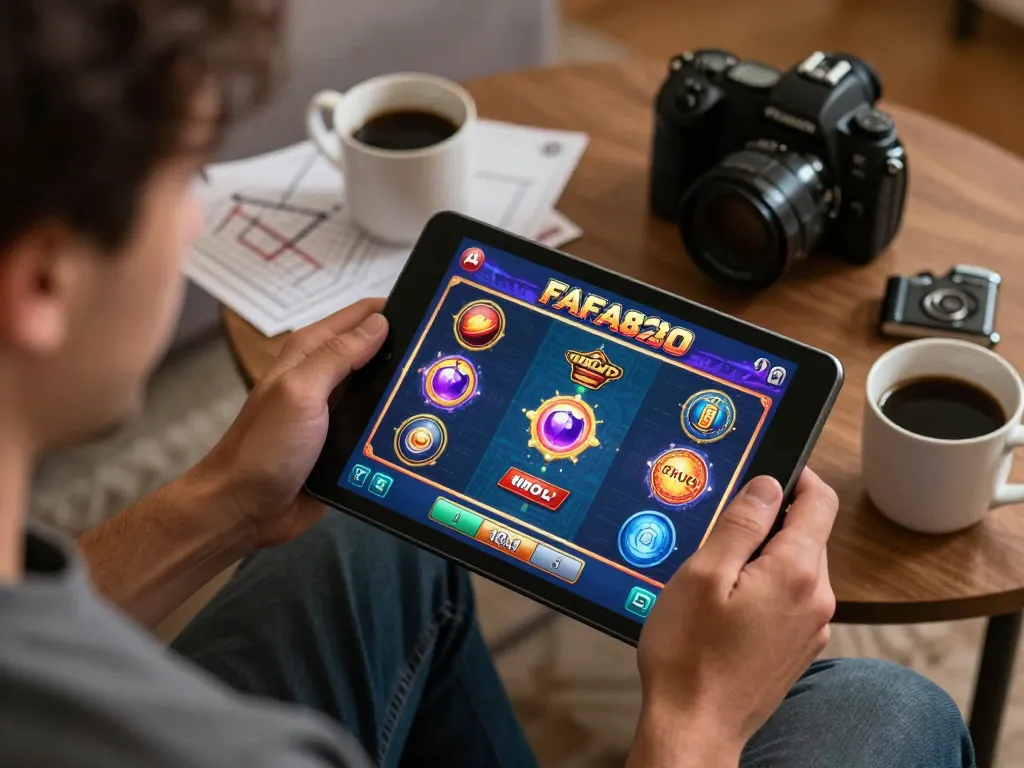 Engaging online gaming experience showcasing FAFA828 slot interface in a cozy home setting.