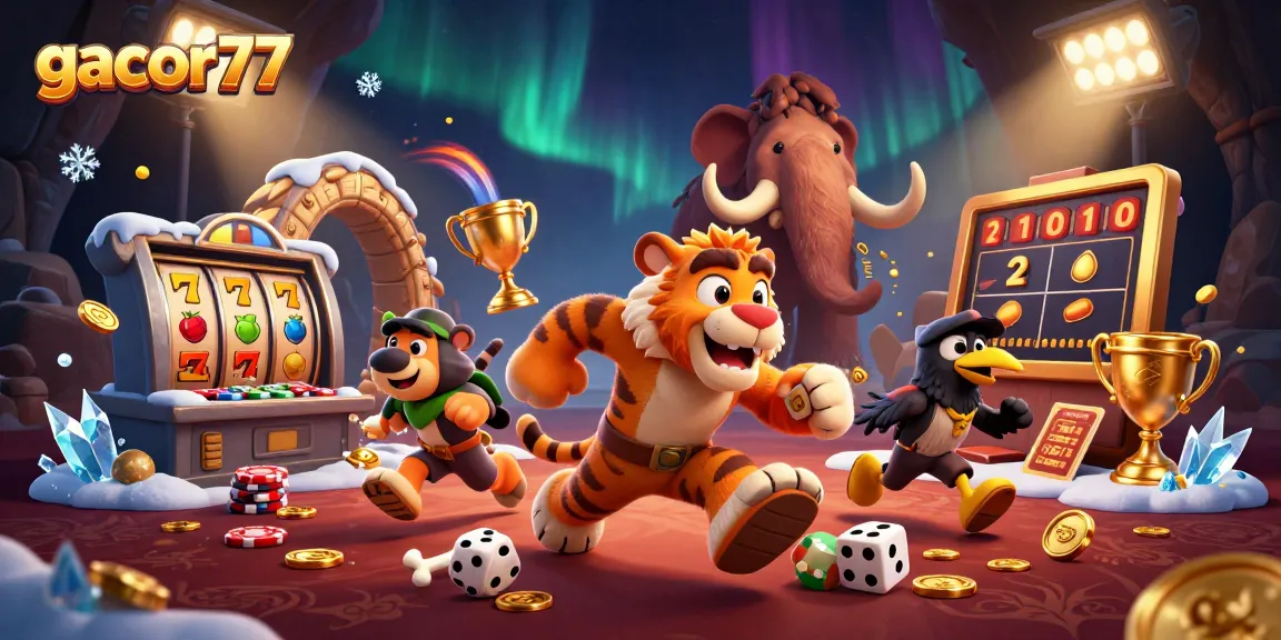 Gacor77 menampilkan ilustrasi 3D dengan karakter prasejarah bermain di kasino slot berdampak tinggi.