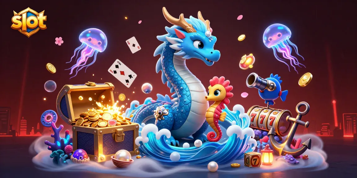 Slot berkelas dengan naga air azur dan kuda laut ksatria di latar harta bawah laut.