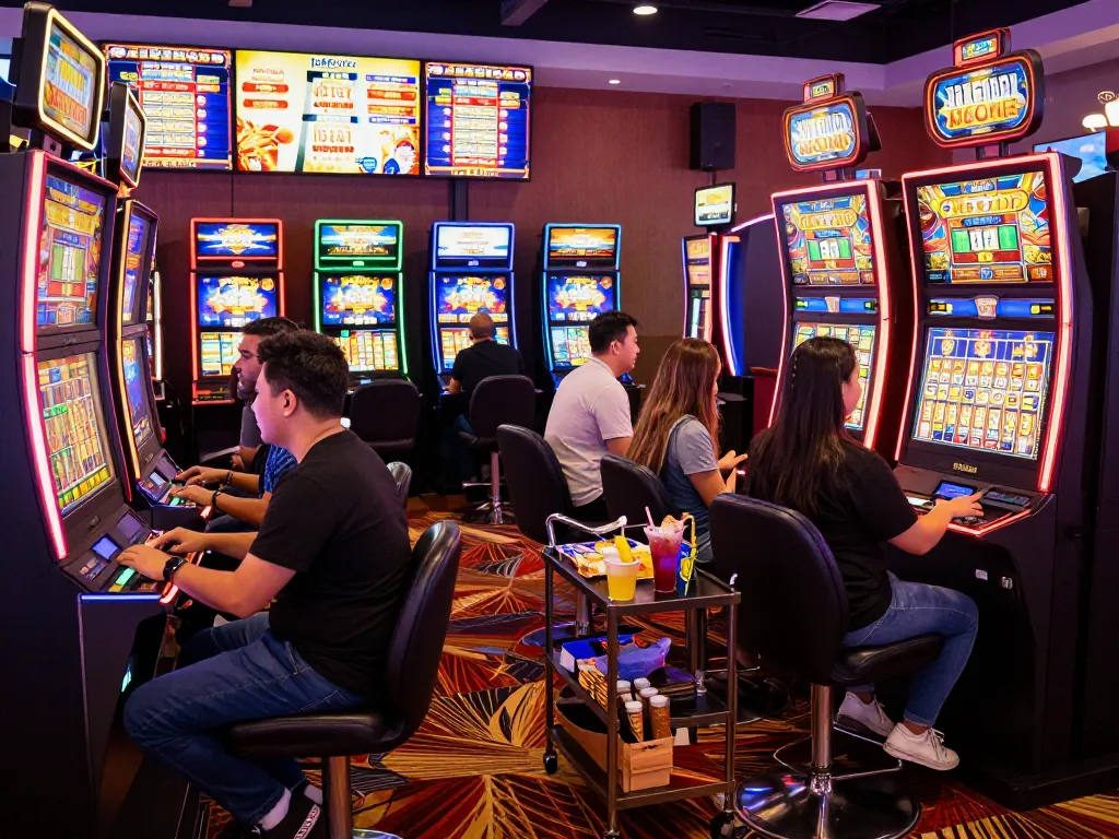 Players enjoying slot gacor hari ini in a lively casino environment with vibrant lights and dynamic energy.