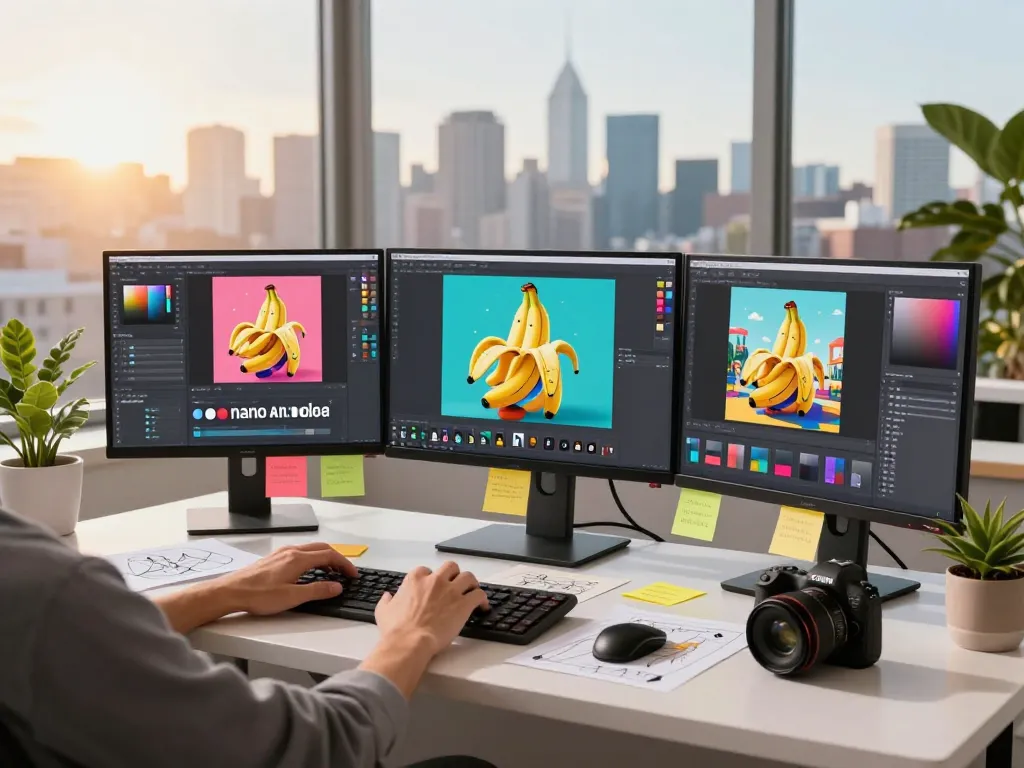 Designer using nano banana AI image editor in a vibrant digital workspace with tech tools and creative inspiration.
