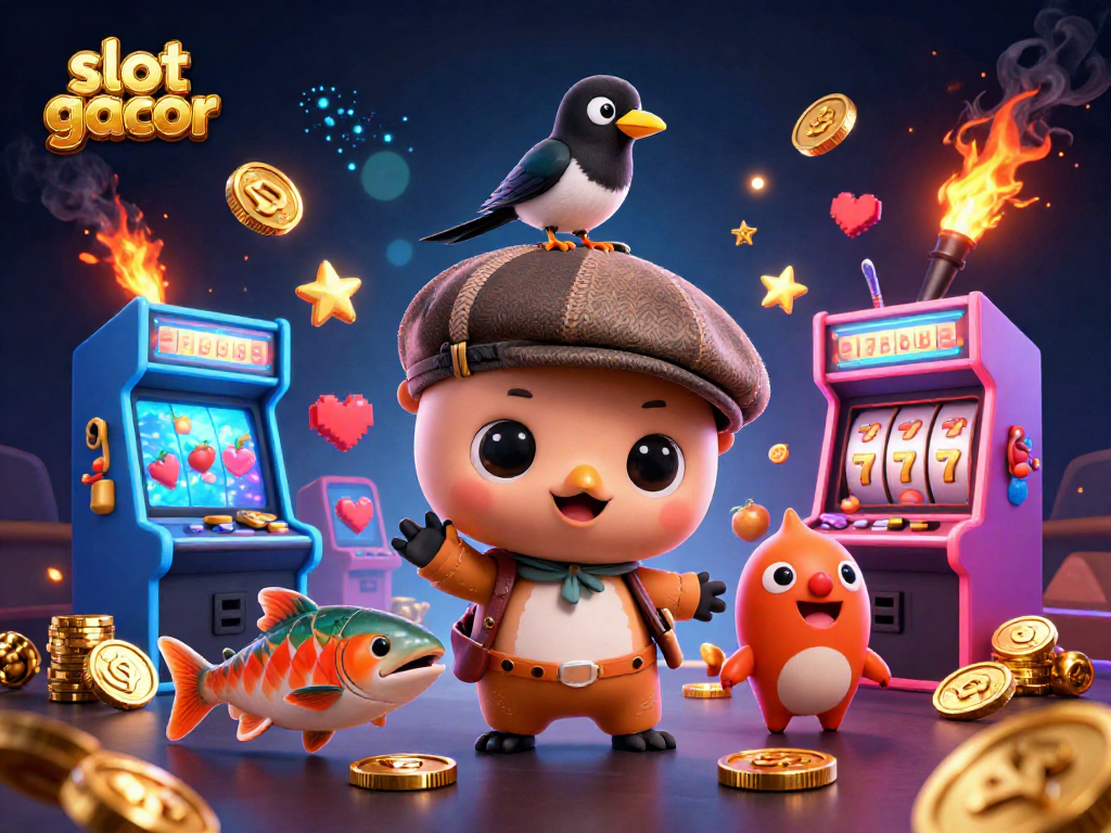 Experience the thrill of slot gacor with a vibrant scene featuring cartoon characters and dynamic gaming elements.