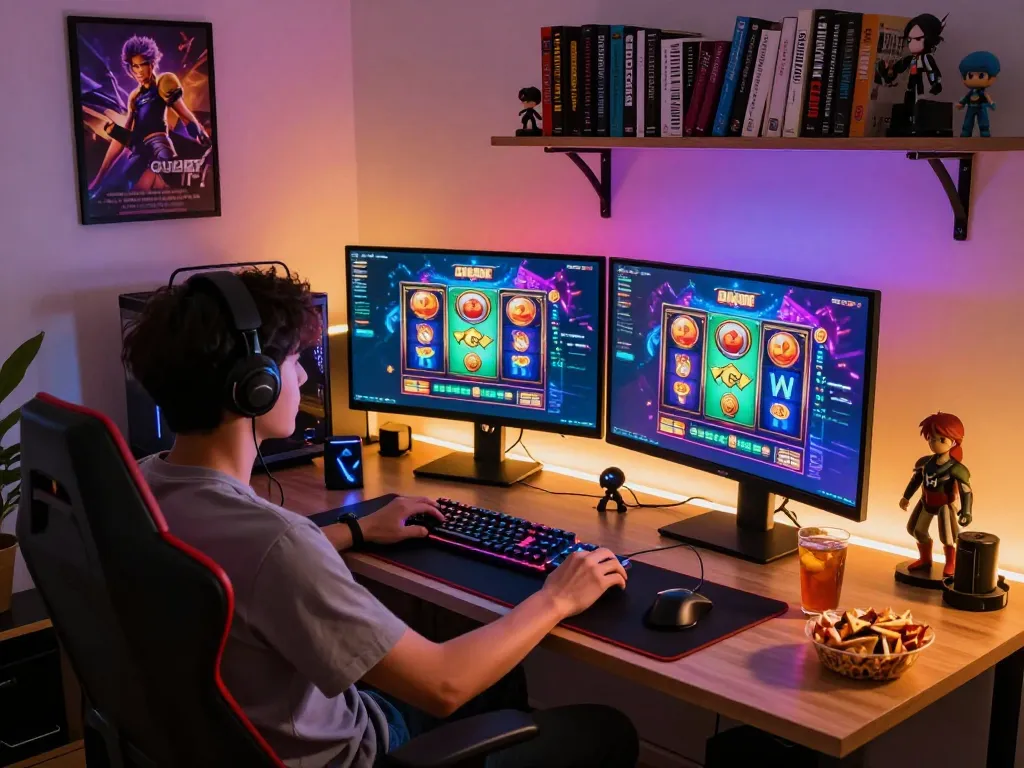 Engaging gamer playing slot gacor games in a cozy modern setup with vibrant graphics.