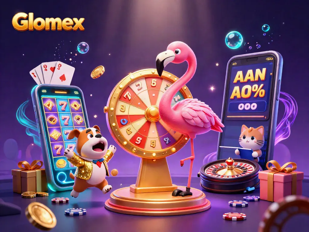 Spin the prize wheel with Glomex in this vibrant casino-themed 3D illustration filled with slot games.