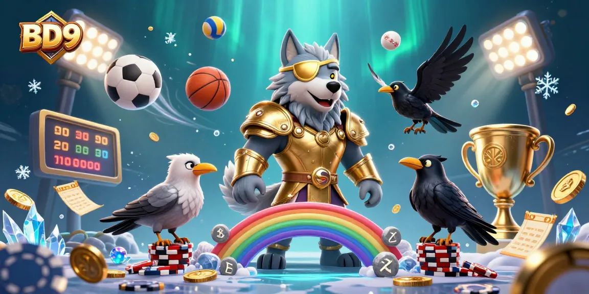 BD9 showcases a 3D Norse-inspired wolf and ravens amid dynamic casino elements, enhancing gaming excitement.