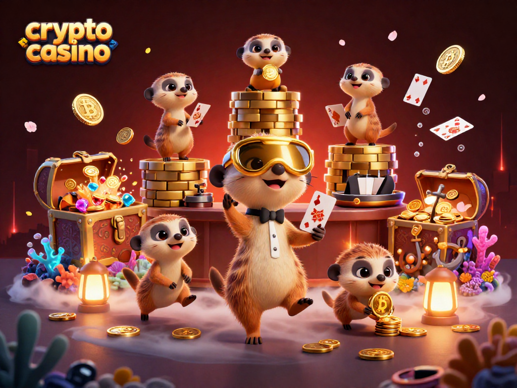 Engage in a vibrant crypto casino scene with meerkats managing games and treasures.