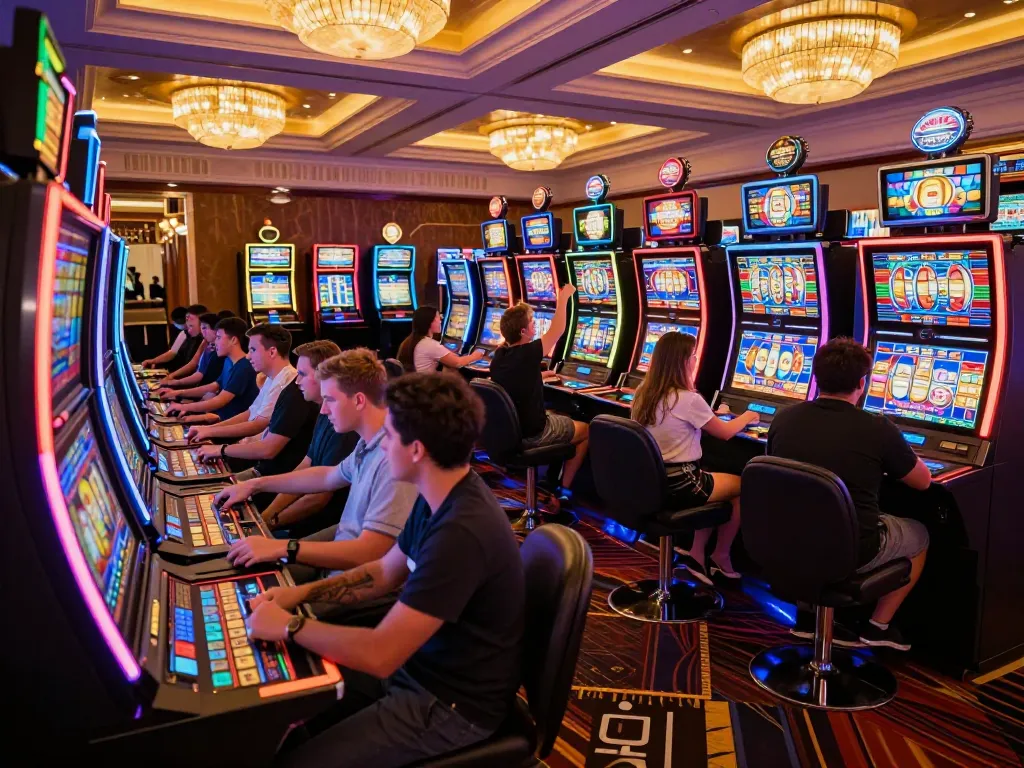 Pemain berinteraksi dengan mesin slot berwarna-warni, menciptakan suasana kasino yang menyenangkan