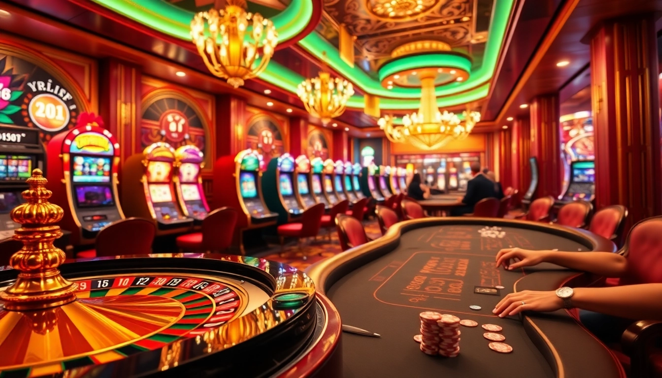 A lively casino atmosphere at 688v with roulette, slots, and poker, showcasing excitement and luxury.
