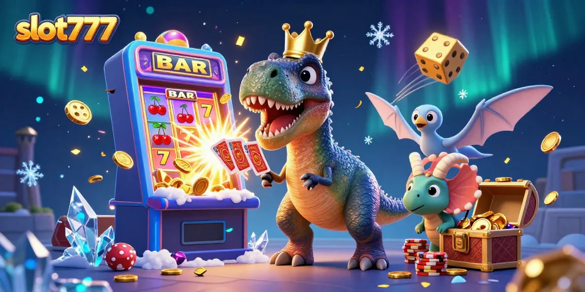 Experience exciting wins with slot777: A fun illustration of a dinosaur-themed casino adventure.