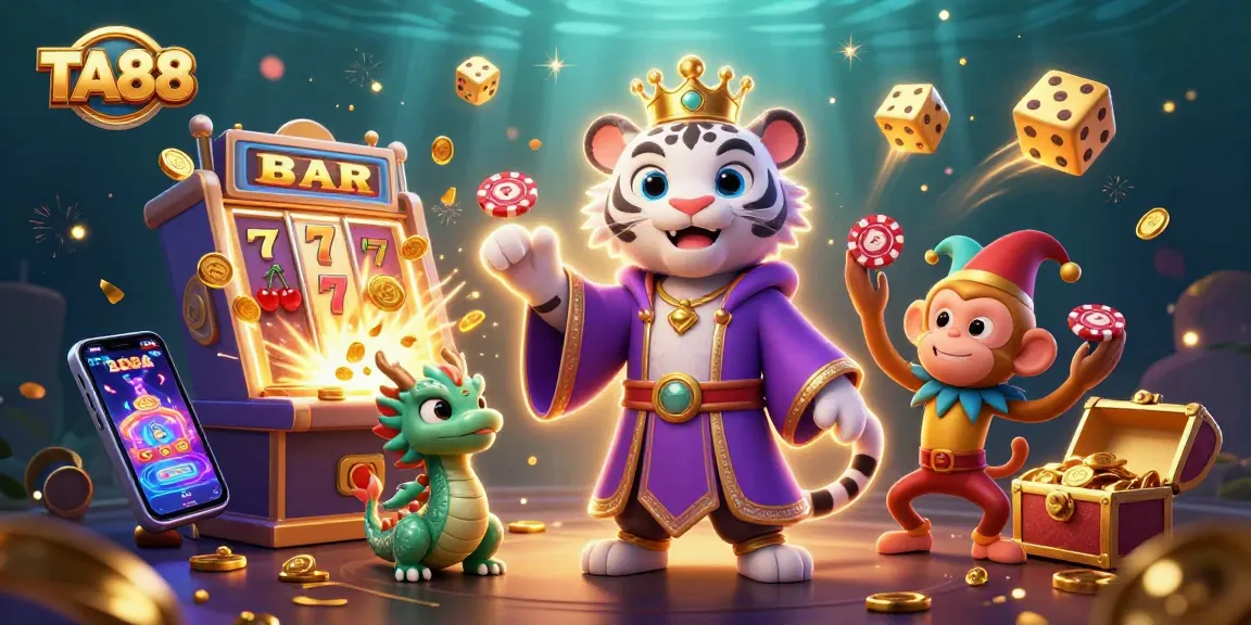 Engage with TA88 in a vibrant 3D casino scene featuring dynamic characters and exciting game elements.