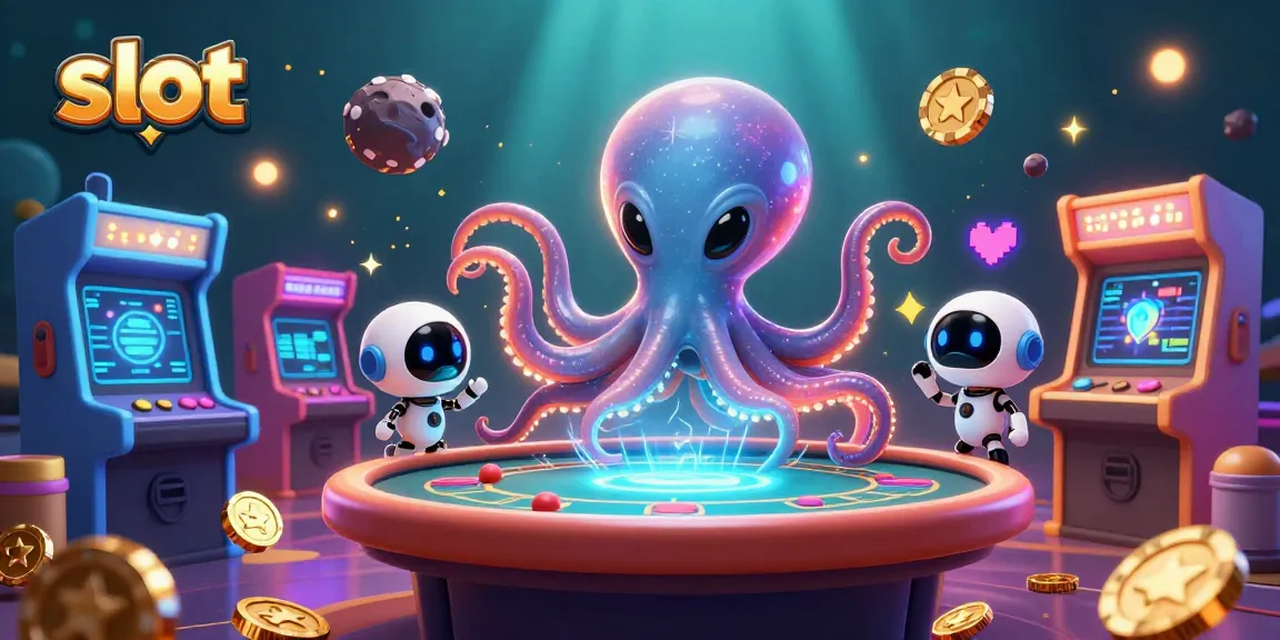 Slot gacor dan robot pendukung dalam ilustrasi 3D ceria di dunia kasino.