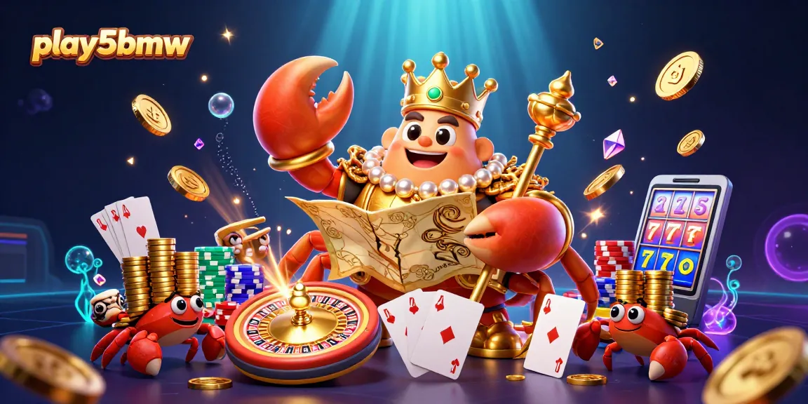 Experience the thrill of play5bmw with vibrant casino elements and a golden crab emperor leading the scene.