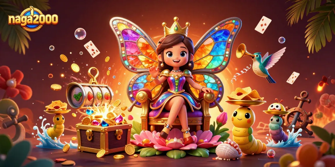 Naga2000 hadir dengan ilustrasi putri kupu-kupu 3D di tengah tumpukan koin emas dan gulungan slot yang menggoda.