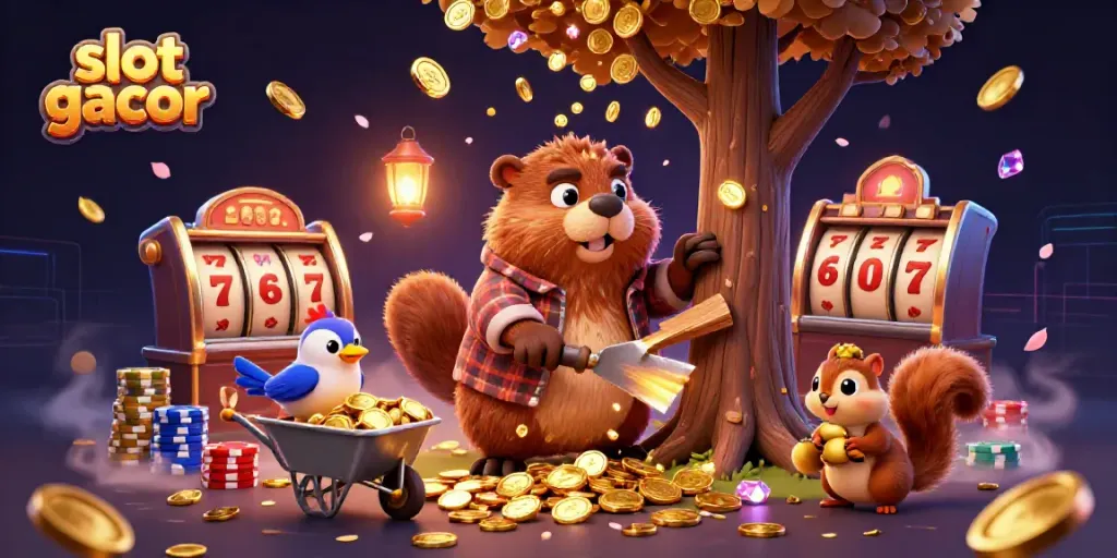 Experience the excitement of slot gacor with vibrant characters and gold coins in a lively casino setting.