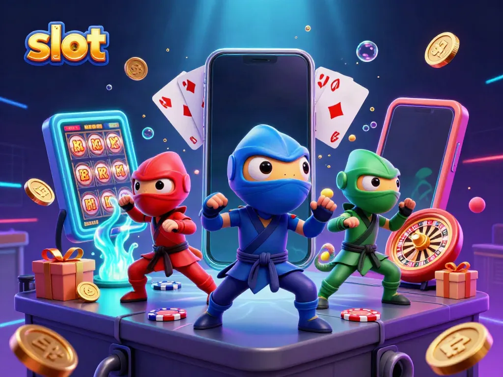 Charming 3D ninja chameleons celebrate jackpot wins while showcasing engaging slot game on a smartphone.