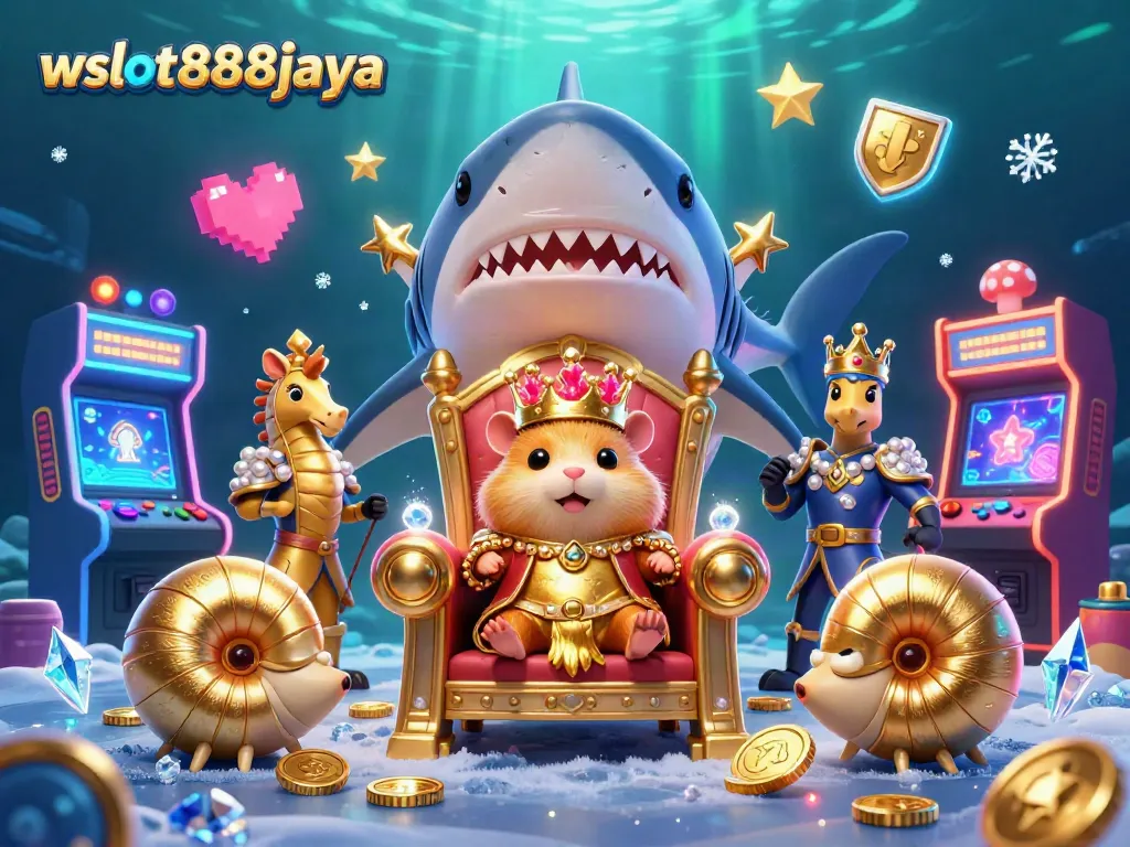 Wslot888jaya menampilkan raja hamster emas berseragam laut, dikelilingi mesin permainan 3D dan efek cahaya yang memukau.