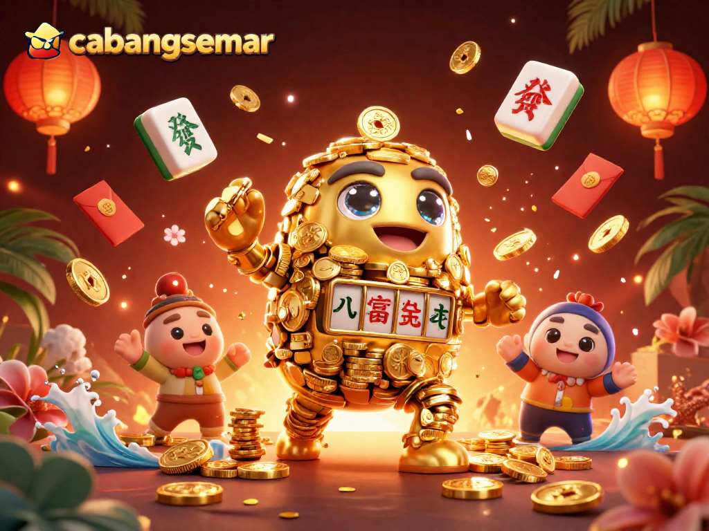 Permainan slot gacor di cabangsemar dengan golem emas berputar dan simbol keberuntungan.