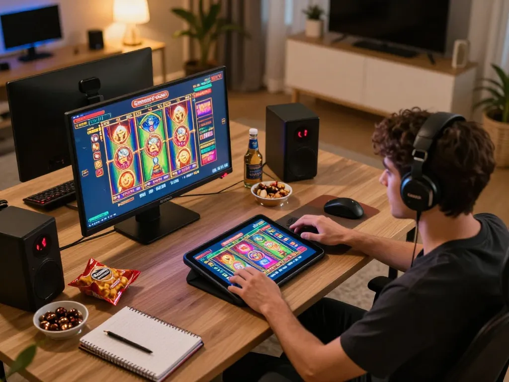 Playing exciting slots not on gamstop at a vibrant online gaming setup in a cozy home