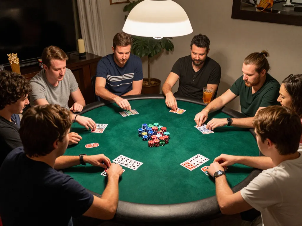 Fun88 players enjoying a friendly home poker game with chips and cards on display