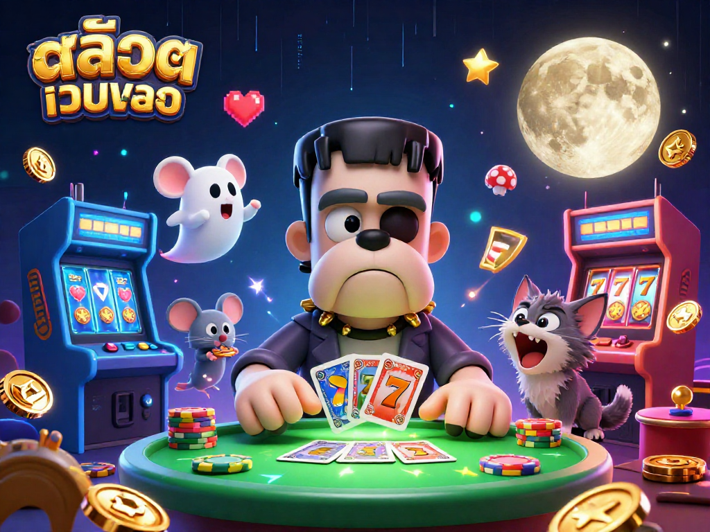 Play สล็อตเว็บตรง with a lively 3D illustration of characters like a bulldog monster and werewolf kitten at a casino-themed table.