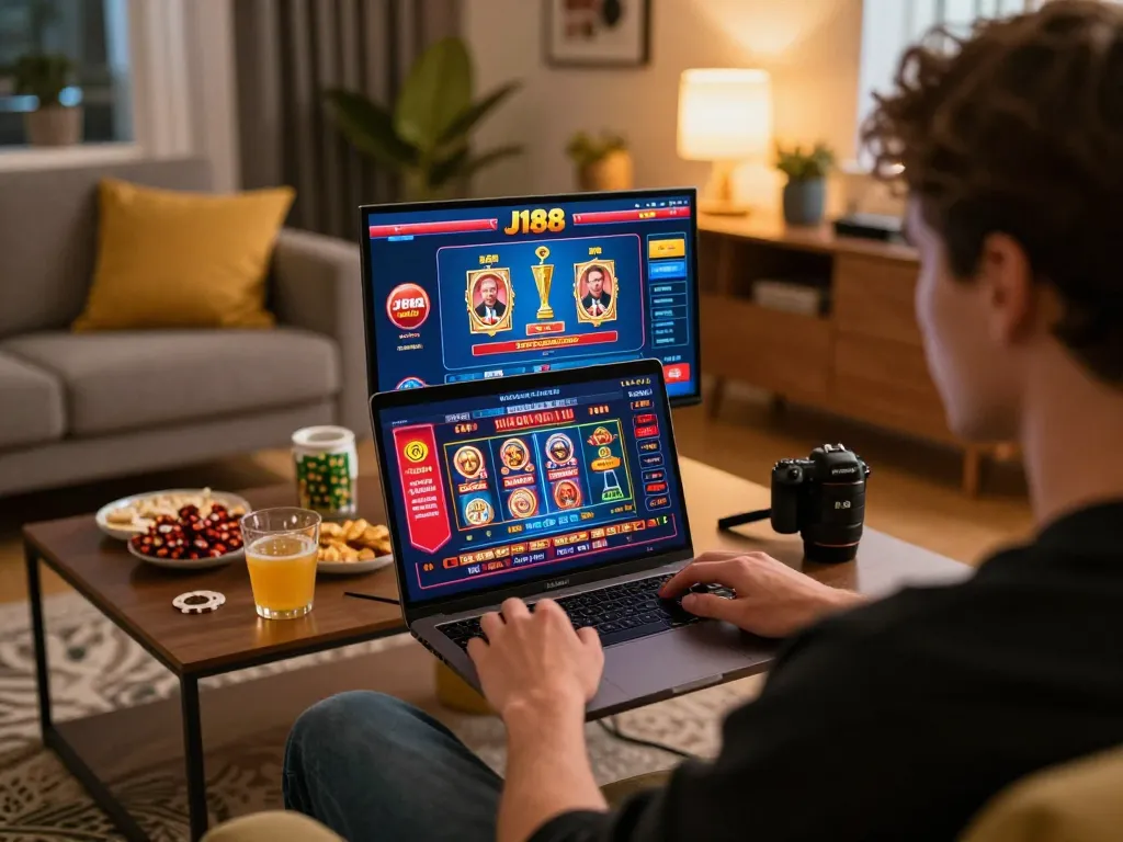 J188 online casino gaming session, player engaging with colorful interface at home
