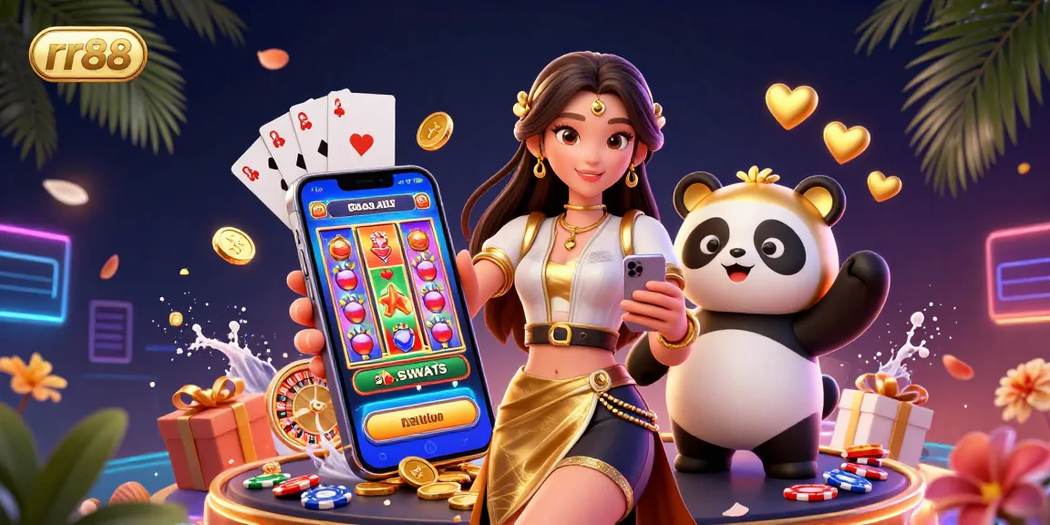 Experience the excitement of rr88 with a vibrant 3D casino scene featuring games, rewards, and fun.