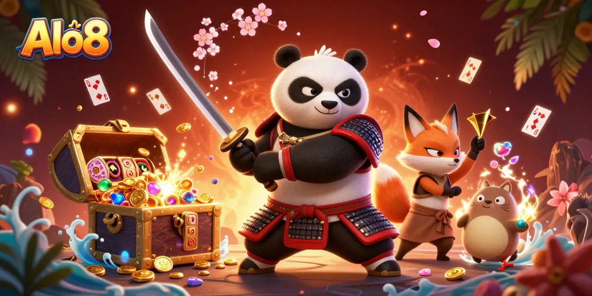 Alo8 immerses players in a vibrant casino world with a samurai panda and ninja fox amidst dynamic gaming elements.