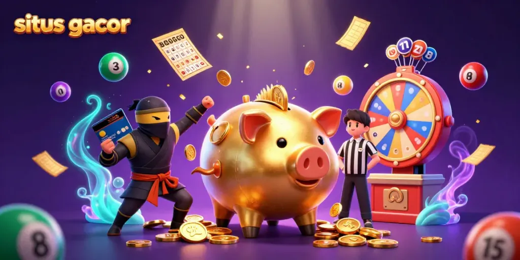Memainkan situs gacor dengan karakter unik seperti bank babi emas dan ninja, dikelilingi bola lotere.
