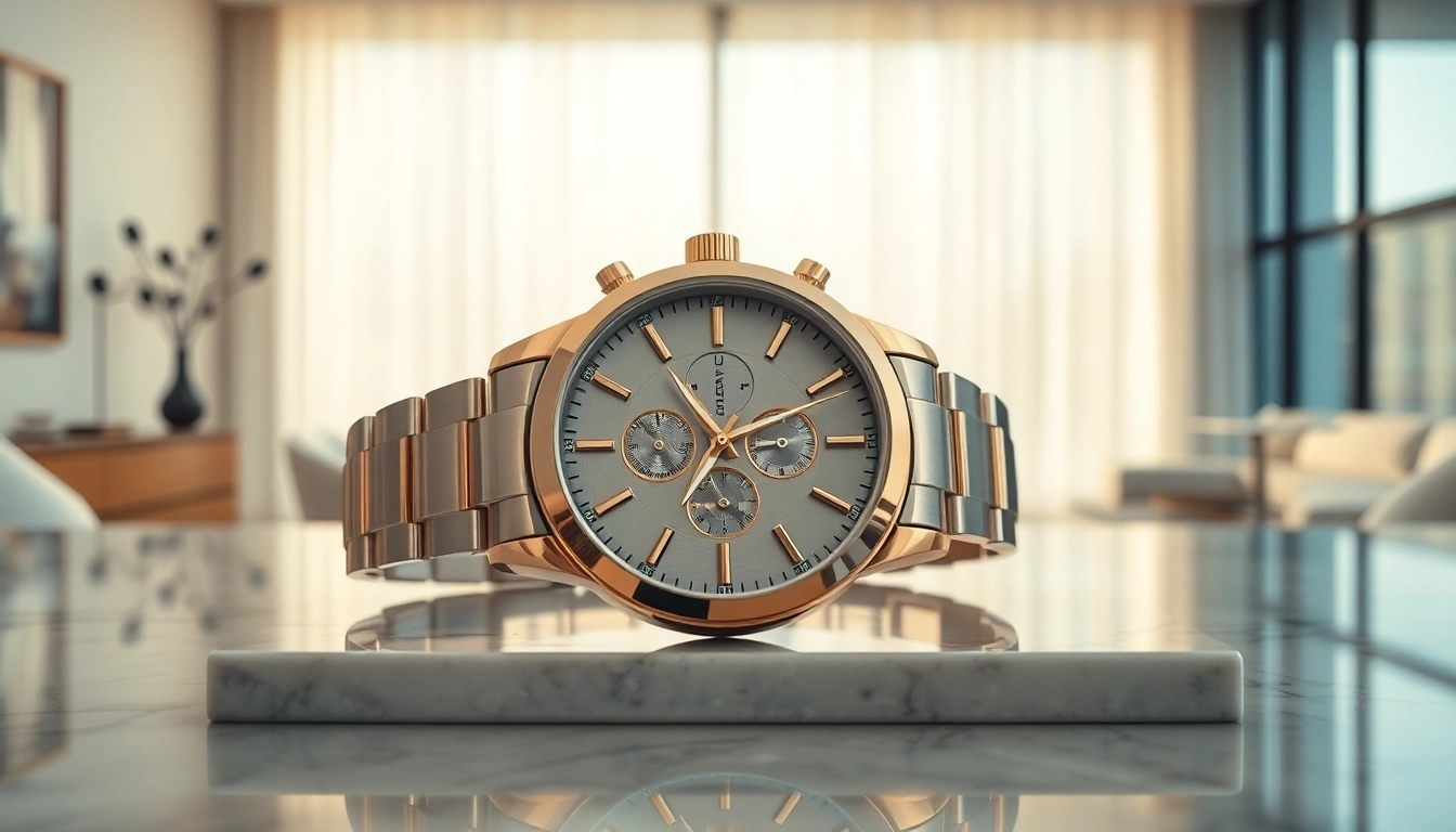 Admiring a detailed replica watch on a marble counter under soft lighting.