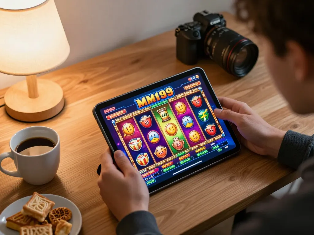 Engaging in MM99 Slot games on a tablet during an enjoyable home gaming session.
