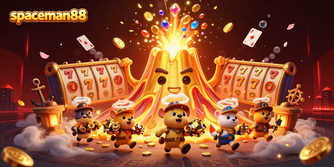 Experience the thrill of gaming with spaceman88, featuring vibrant slot reels and treasure-filled volcanoes.