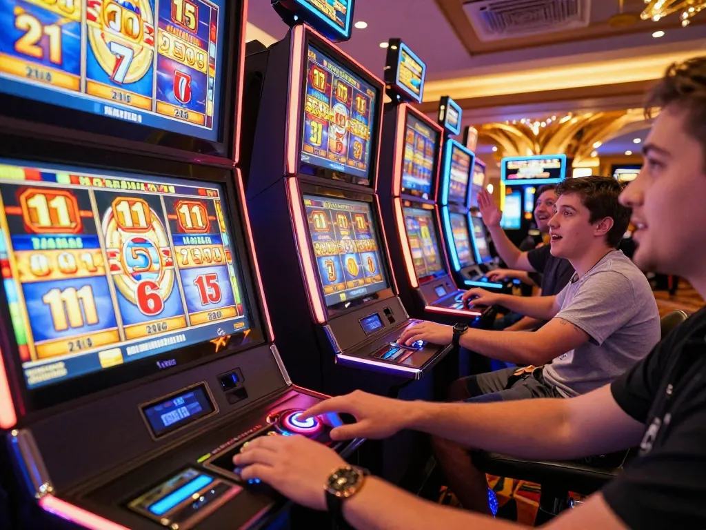 NAGA2000 players enjoying thrilling moments at a vibrant slot machine area, pressing spin buttons in anticipation.