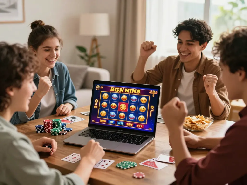 Teman-teman merayakan kemenangan di permainan situs slot selama sesi permainan online.