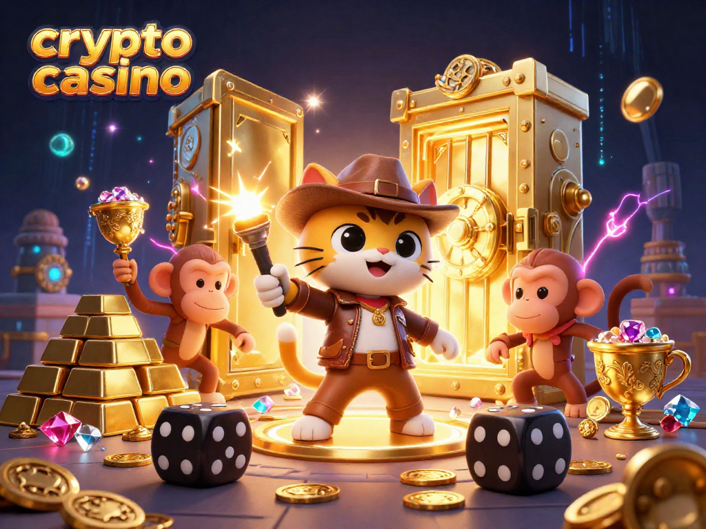 Discovering treasures in the crypto casino with archaeologist cat and monkey companion.