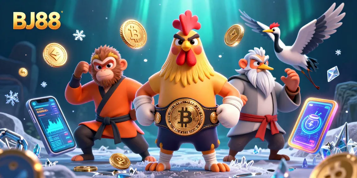 Experience the thrill of BJ88 with dynamic characters in a vibrant casino scene filled with cryptocurrency elements.