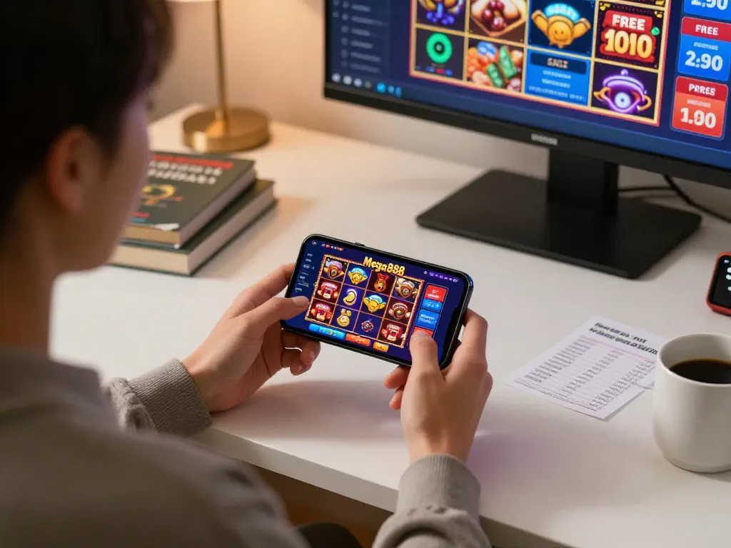Engaging in online gaming with free credit mega888 through a mobile app in a cozy home setting