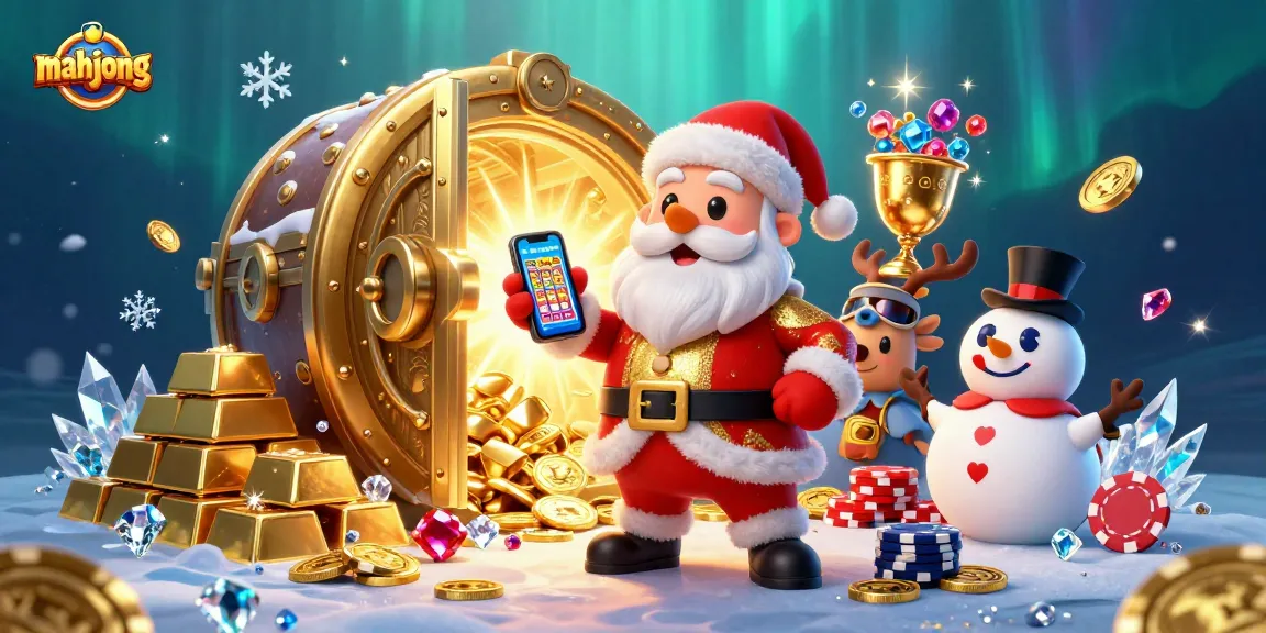 Engage in mahjong gaming excitement with a playful Santa and friends amidst dazzling casino treasures.