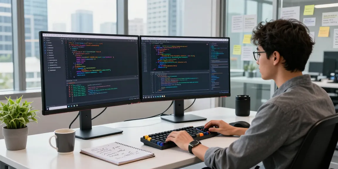 Kobold AI developer in a modern workspace coding on dual monitors with vibrant visuals, enhancing intelligent communication.
