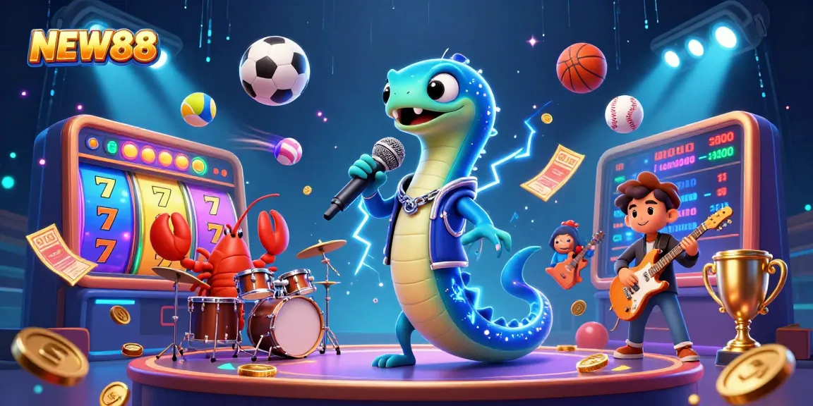 NEW88: 3D cartoon eel DJ rocks an underwater casino with vibrant slot reels and sports balls flying around