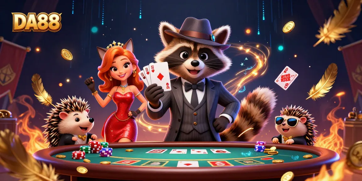 DA88 poker scene with a suave raccoon and companions in a vibrant casino atmosphere.