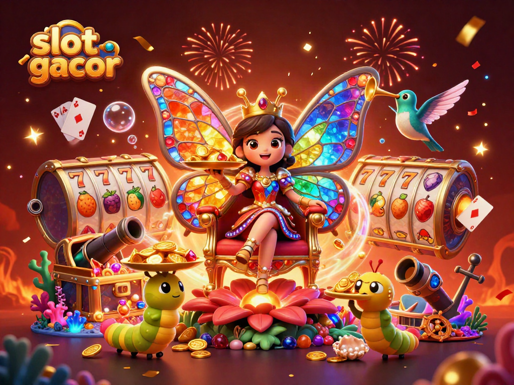 Engage with slot gacor through a vibrant 3D casino scene featuring gold coins and magical elements.
