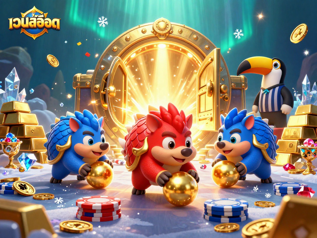 Experience เว็บสล็อต excitement with rival pangolins competing through poker chips amid a treasure-filled backdrop.