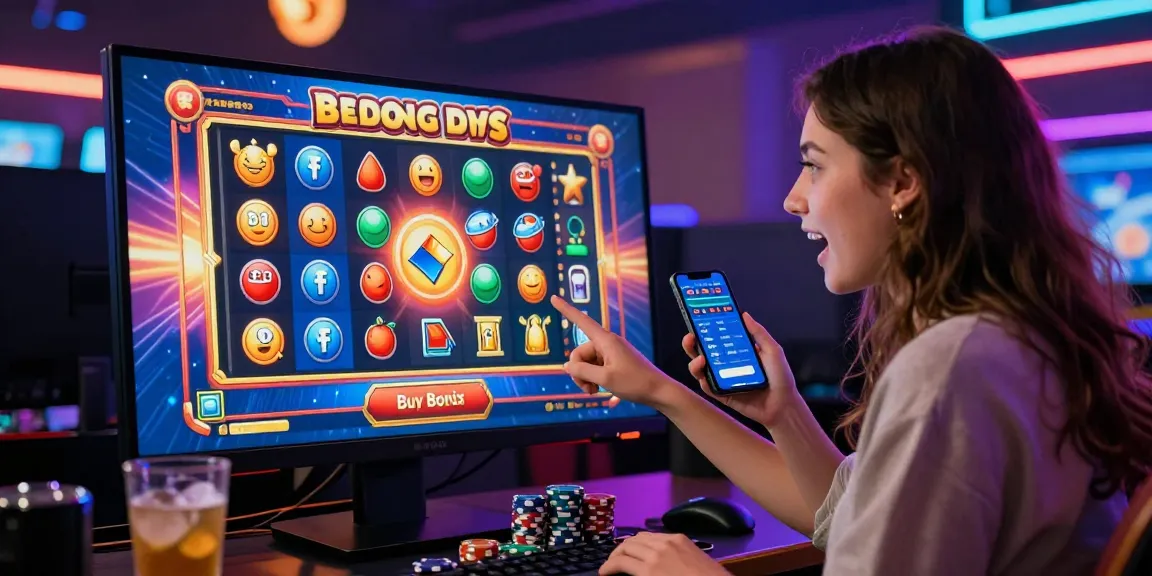 Engaged player exploring bonus buy slots at a lively online casino in 2026 with vibrant gaming setup and exciting atmosphere.