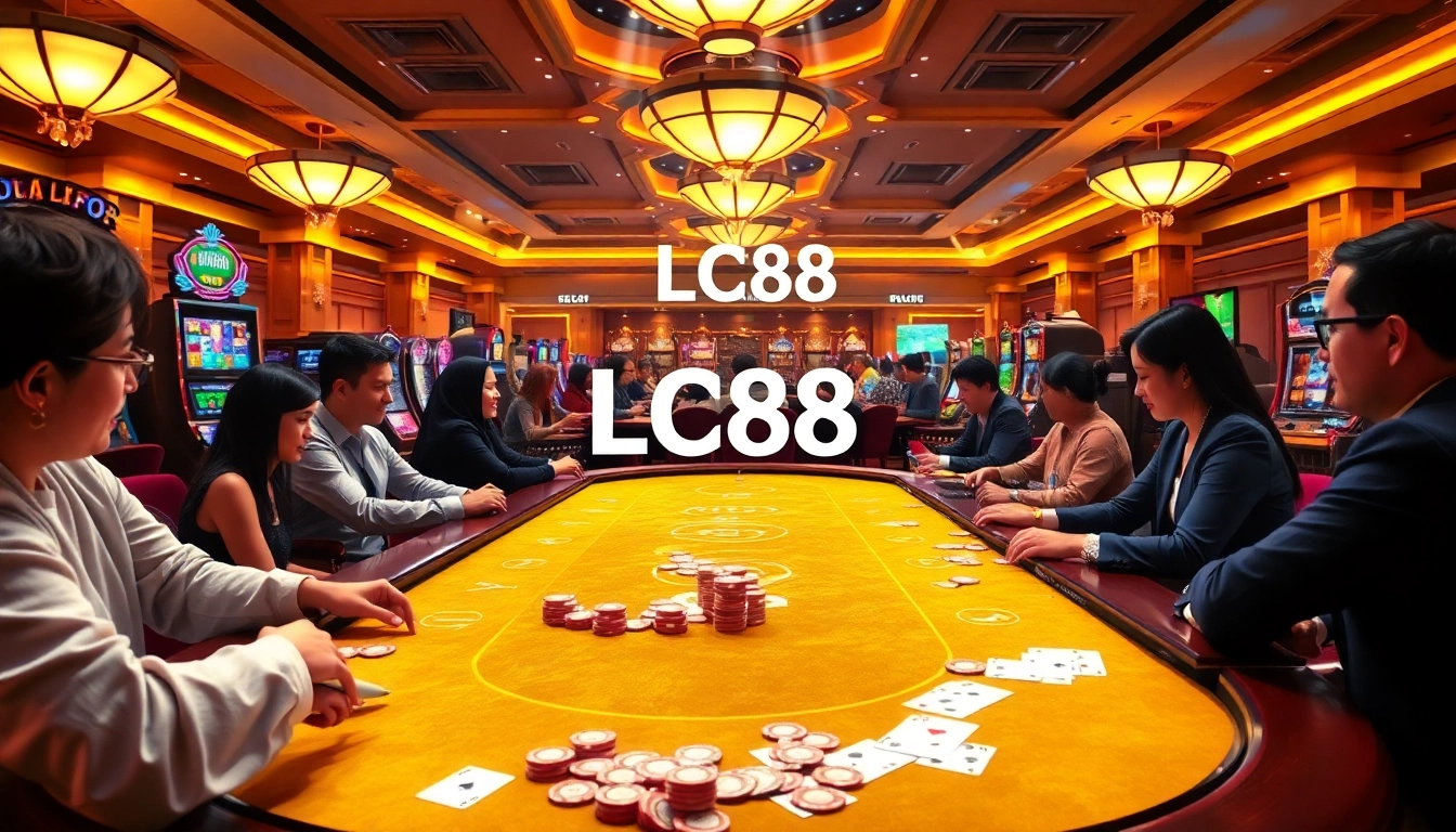 Engaging players at the LC88 casino table surrounded by vibrant colors and excitement.