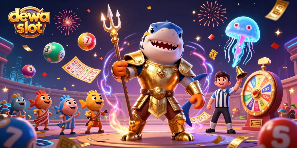 Dewa slot 3D illustration featuring a tiger shark in gladiator armor and lottery elements in a vibrant, dynamic scene.