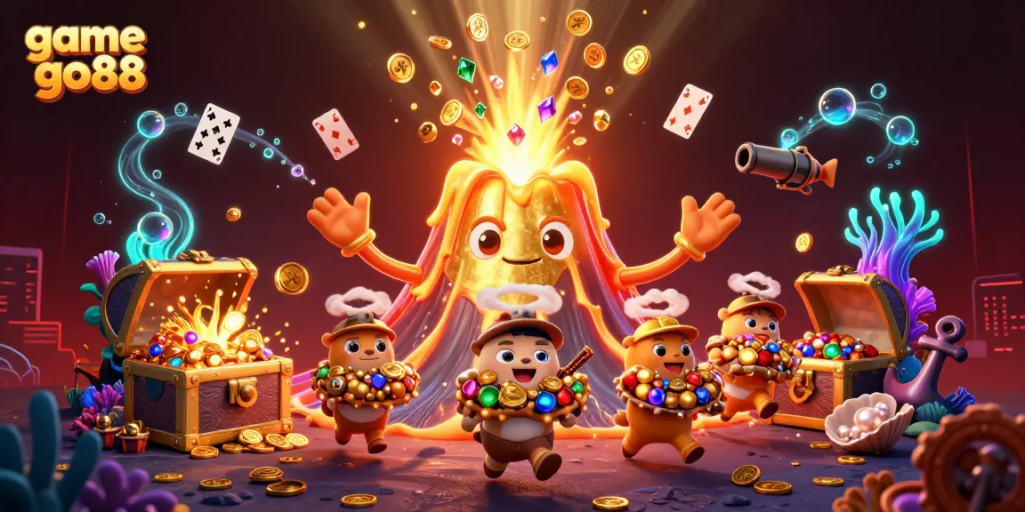 Experience game go88 with a majestic volcano pouring treasures and action-packed gaming elements in this dynamic illustration.